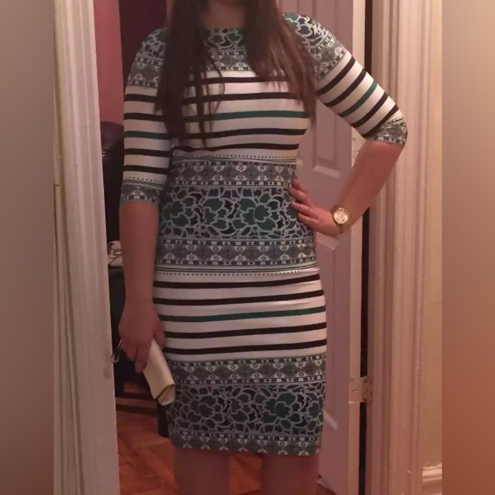 Eva Mendes for New York & Company Blue and White Patterned Midi Dress